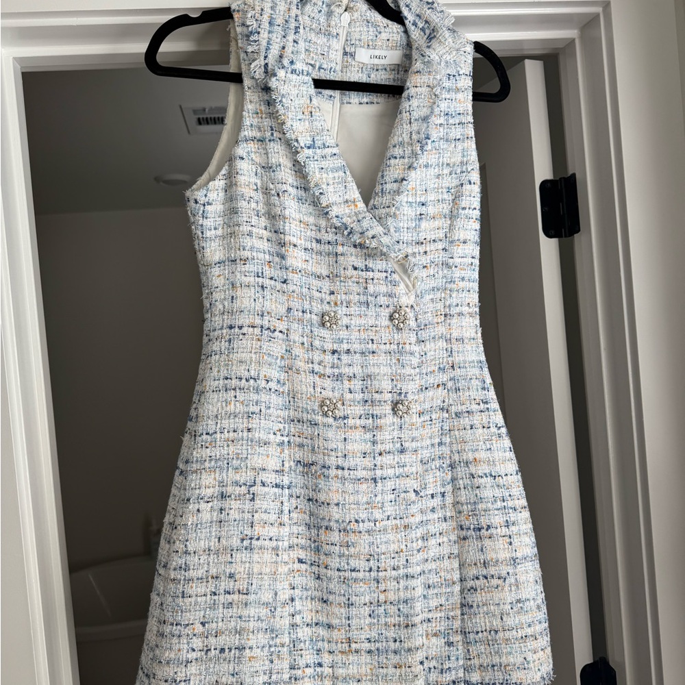 Likely Blue and White Tweed Mini Dress